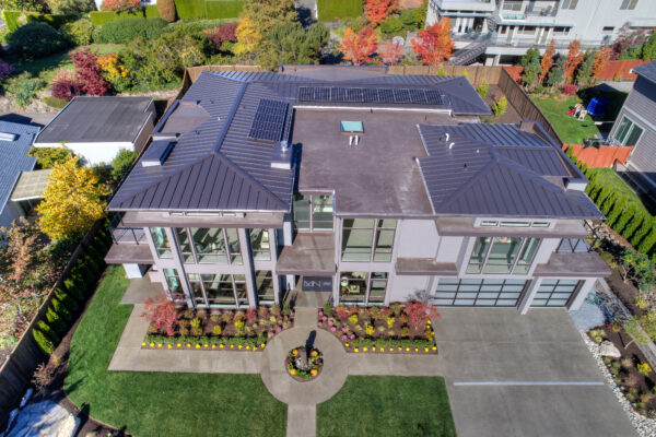 The roof of an eco-friendly MN Custom Home outfitted with Solar Panels. 